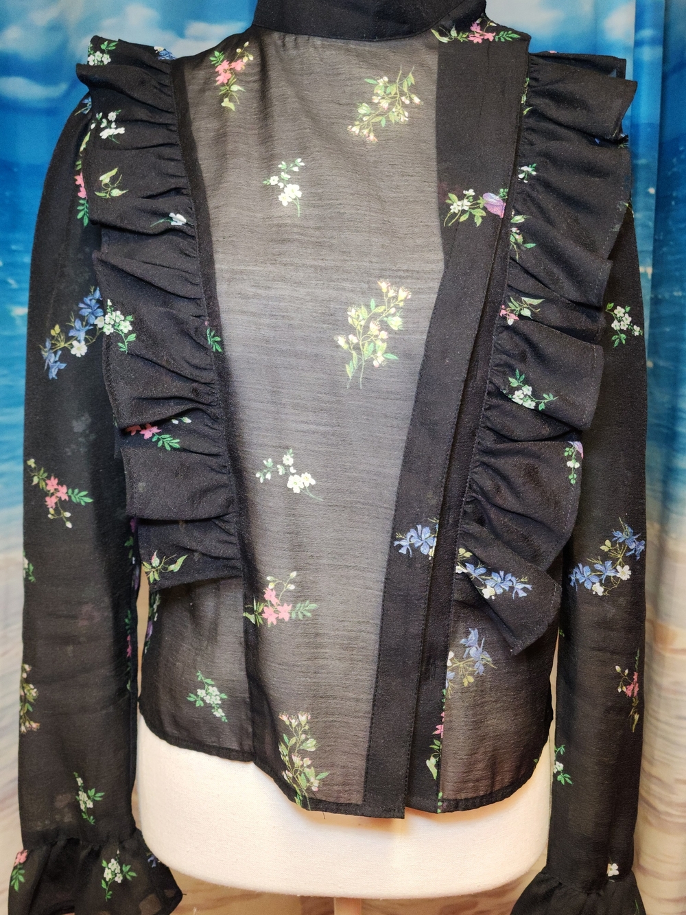 H&M Black Sheer Floral Ruffle Blazer